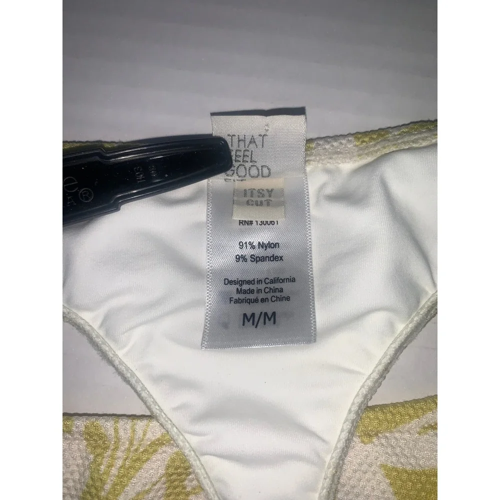 L*Space Itsy Cut Thong Bikini Bottom Floral Texture Ivory Olive Green‎ M/M